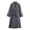 Womens Oversized Double-Breasted Wool Blend Coat With Waist Belt Longline Streetwear Style Winter Outerwear