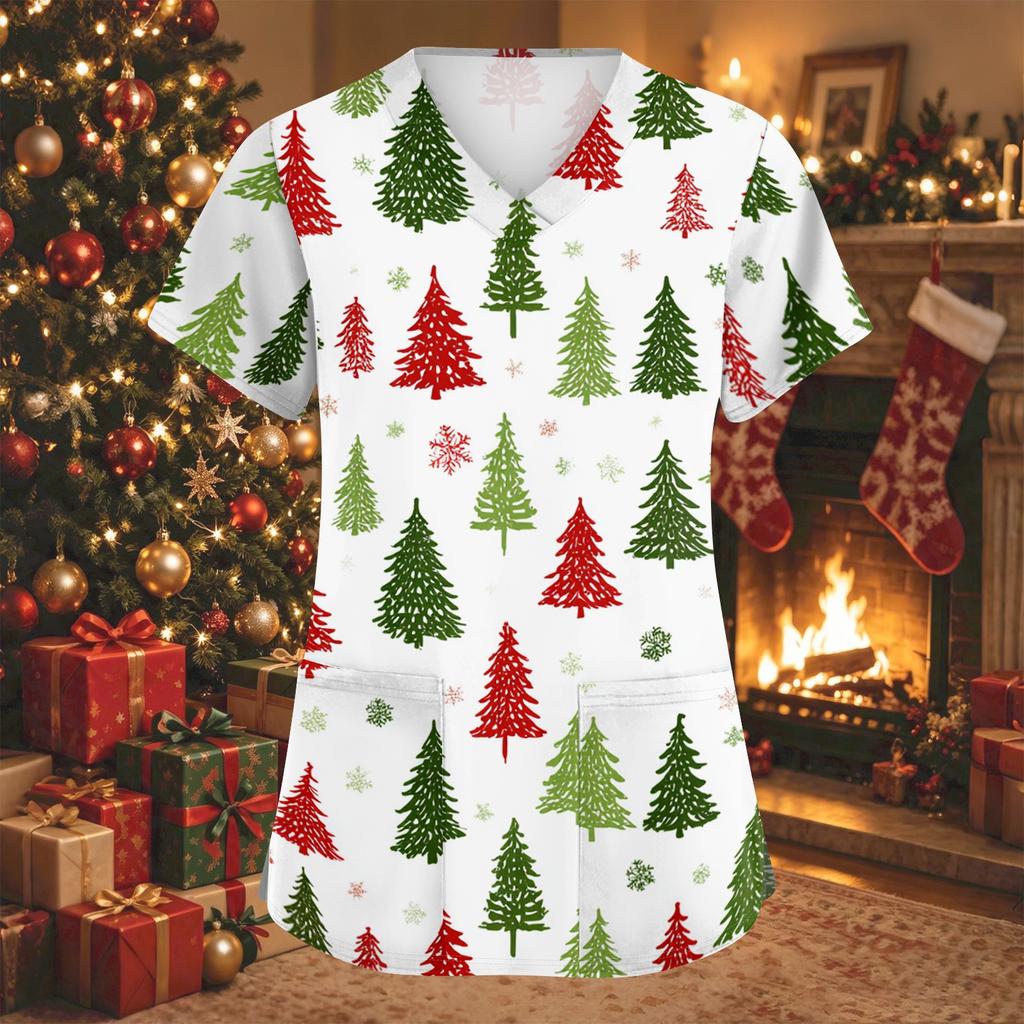 Women's Fashion Christmas Print V-Neck Short Sleeve Caregiver Work Top with Pockets