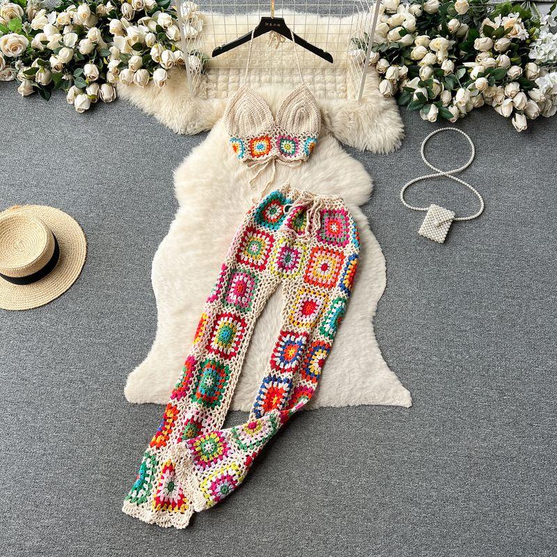 

Heavy Industry Crocheted Sling All-Match Wide Leg Pants Knitting Suit Apricot color One size