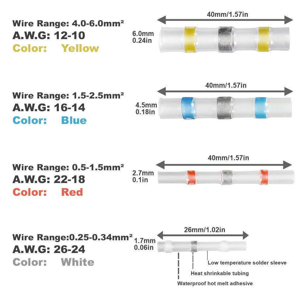 50/100pc Heat Shrink Butt Terminals Bagged Welding Sealed Electrical Connectors Wire Cable Splice Kit for Car and Marine