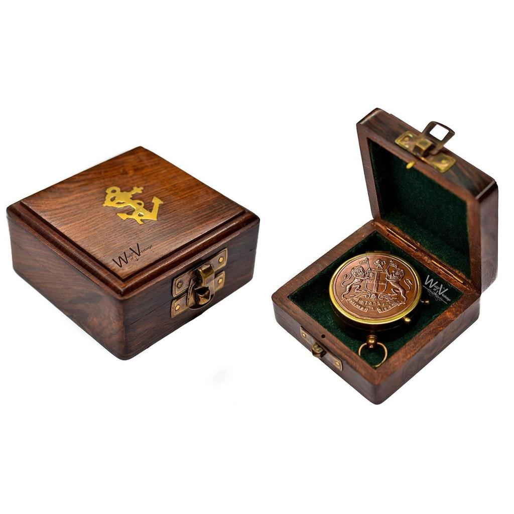 Antique Brass Pocket Compass with Wooden Box