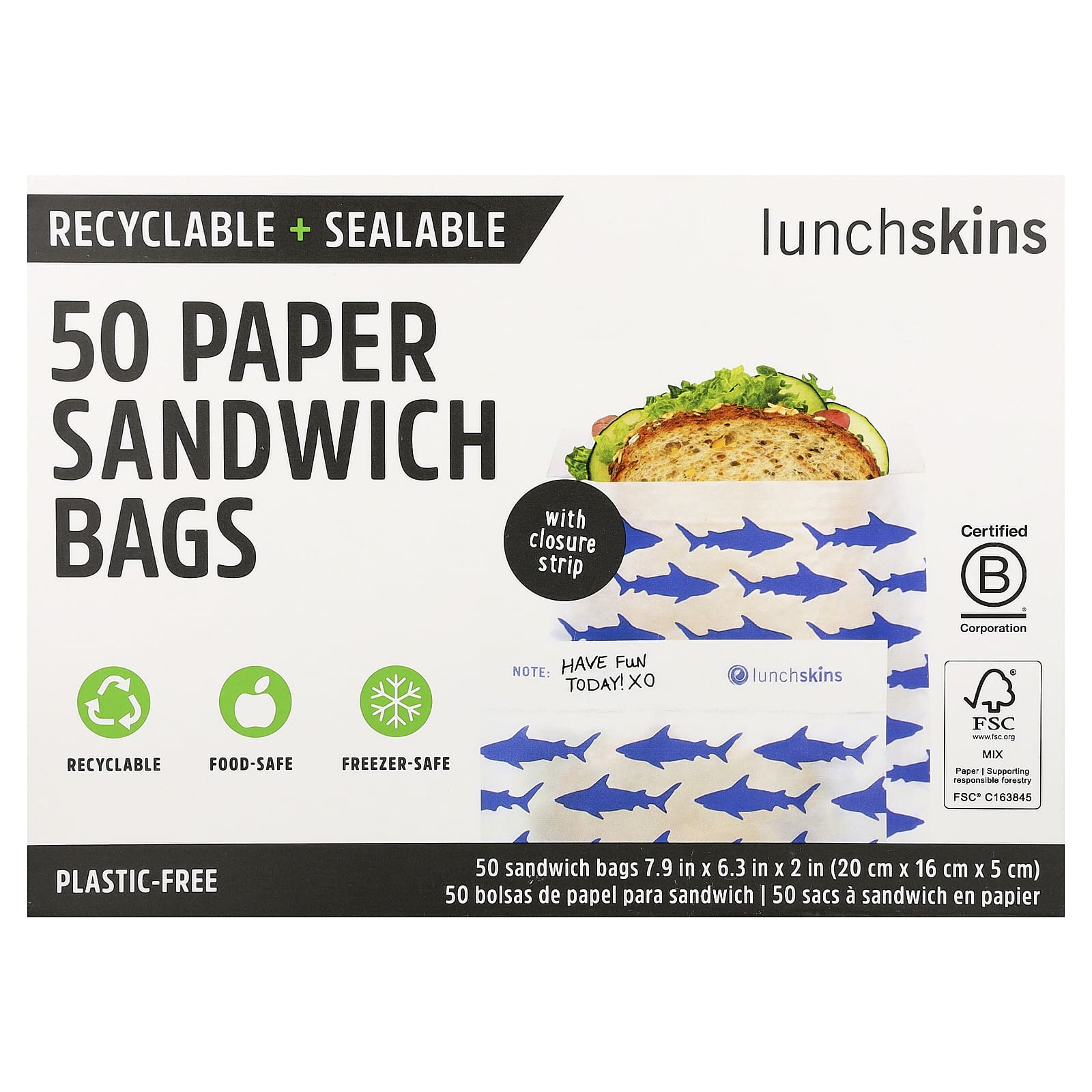 

Lunchskins, Бумажные пакеты для сэндвичей, Акула, 50 штук