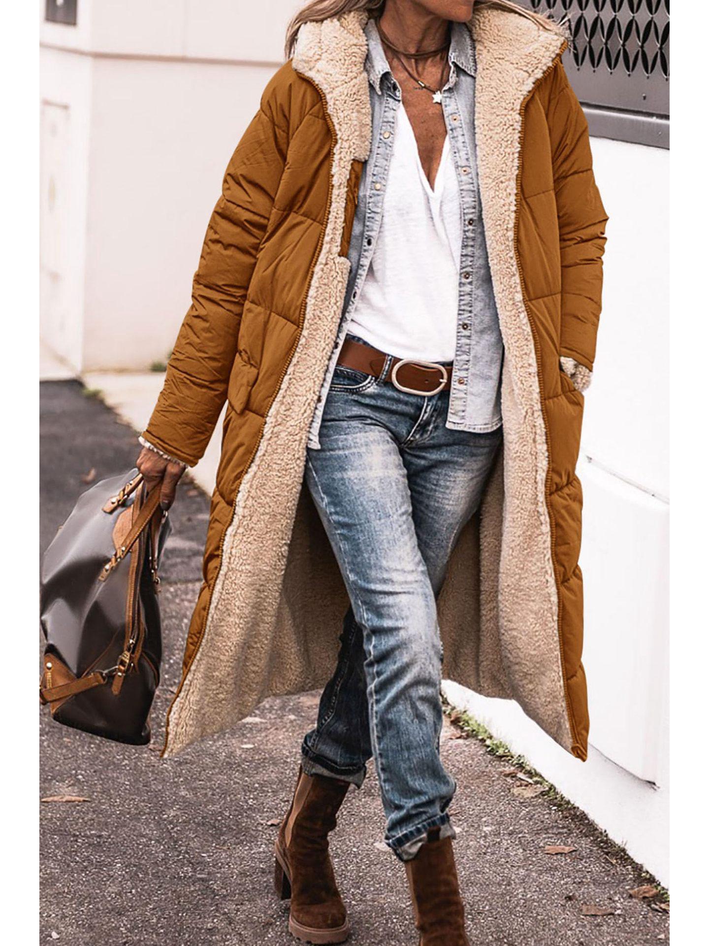 

Однотонное хлопковое пальто с капюшоном: Длинный рукав, двусторонний, приталенный кардиган-жакет M темно-коричневого