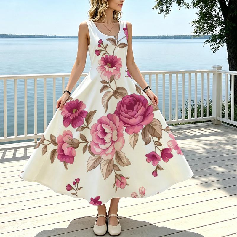 Women's Minimalist Sleeveless Loose Maxi Dress Elegant Floral,Comfortable,Versatile Summer Casual Vacation Outfit