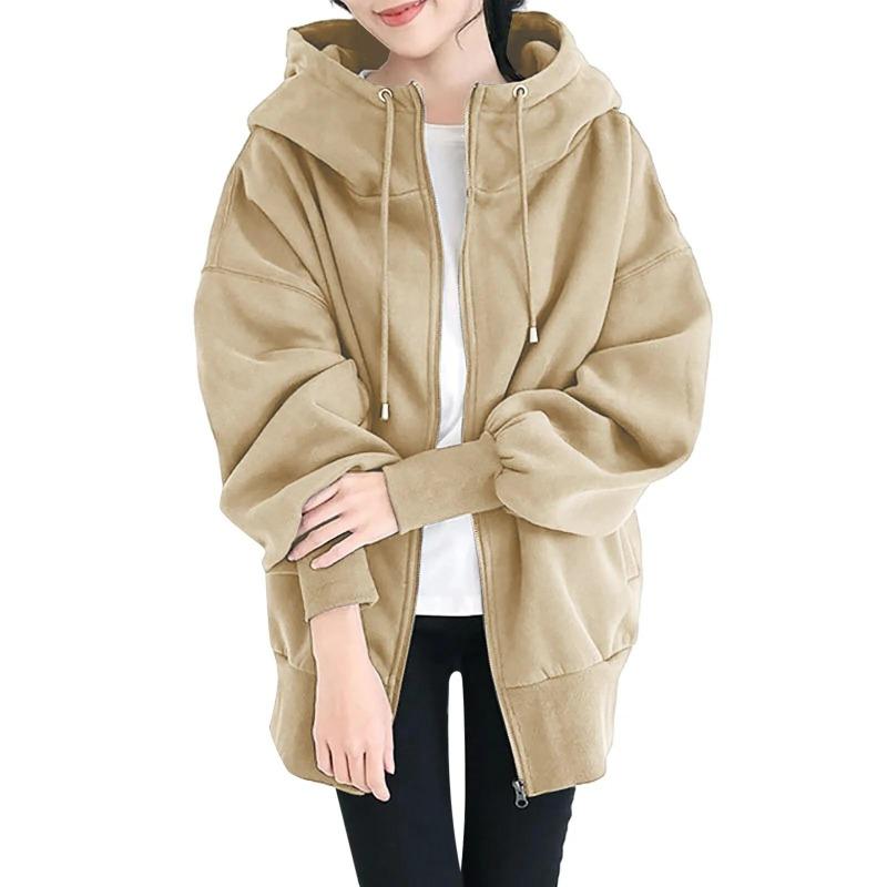Women's Loose Long Sleeve Drawstring Sweatshirt Oversized Solid Color Zipper Hoodie  Mid-length Warmth Pocket Coat