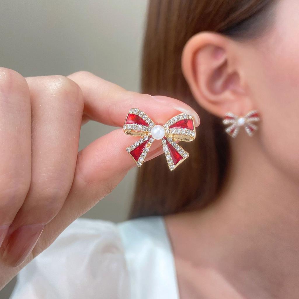 Christmas Bowknot Shaped Studs Earrings Alloy Dripping Oil Ear Rings for Women Girls Elegant Party Wear Ear Accessories