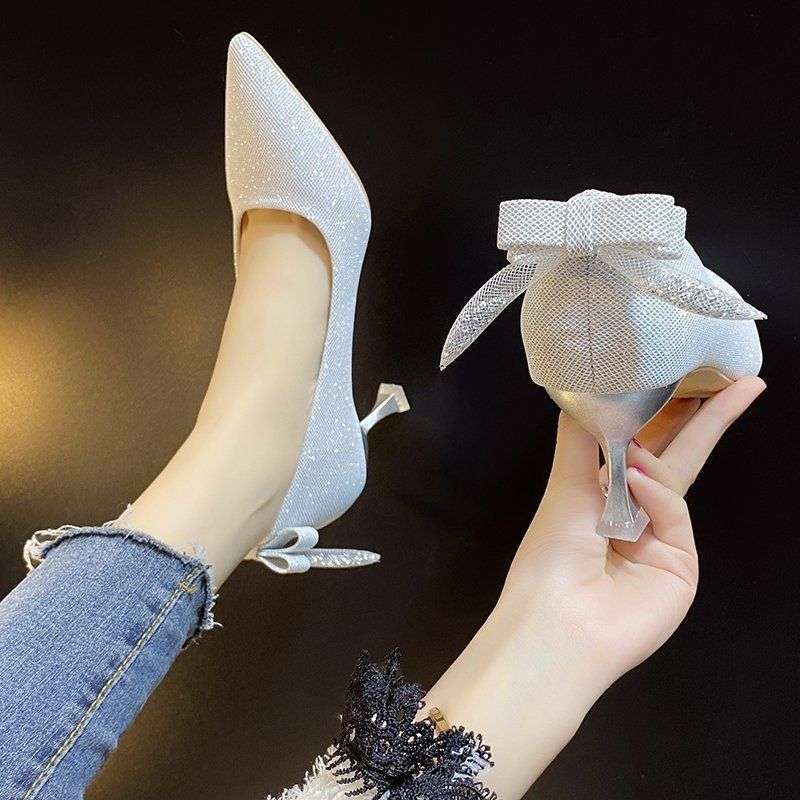 French high heels female stiletto student 18-year-old girl small fresh silver bridesmaid shoes light color wedding shoes wedding photo