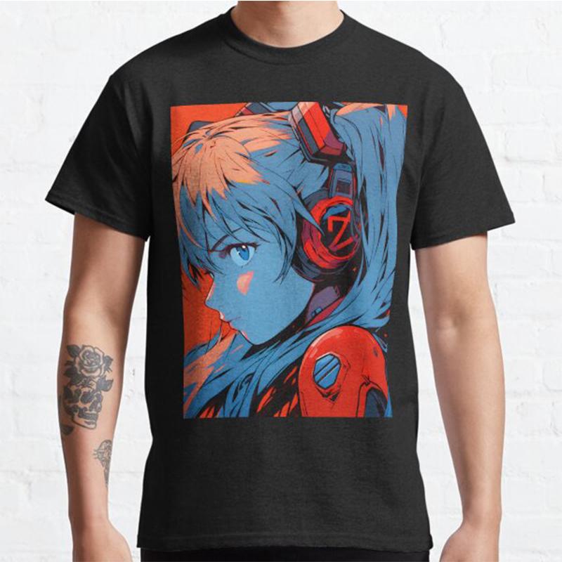 Plus Size Anime Evangelion Printed Unisex T Shirts Round Neck Cotton Tops Summer Casual Black Tees