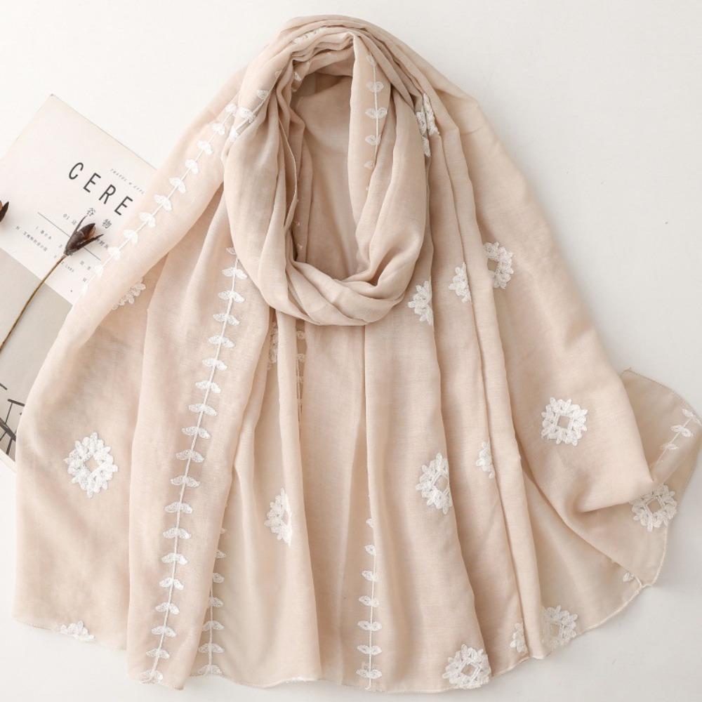 Large Printed Silk Scarf Long Ethnic Style Wrap All-match Floral Hijab  Vacation бежевый