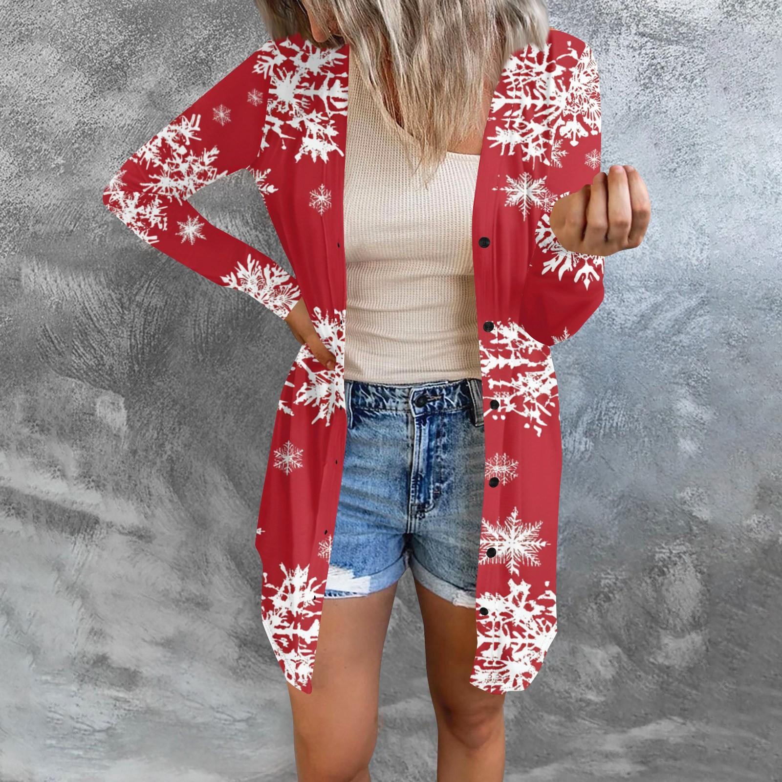 

Длинный рукав Женский ретро принтованный топ Легкий базовый свободный жакет Кардиган Повседневные рубашки Рождество XXXL красный