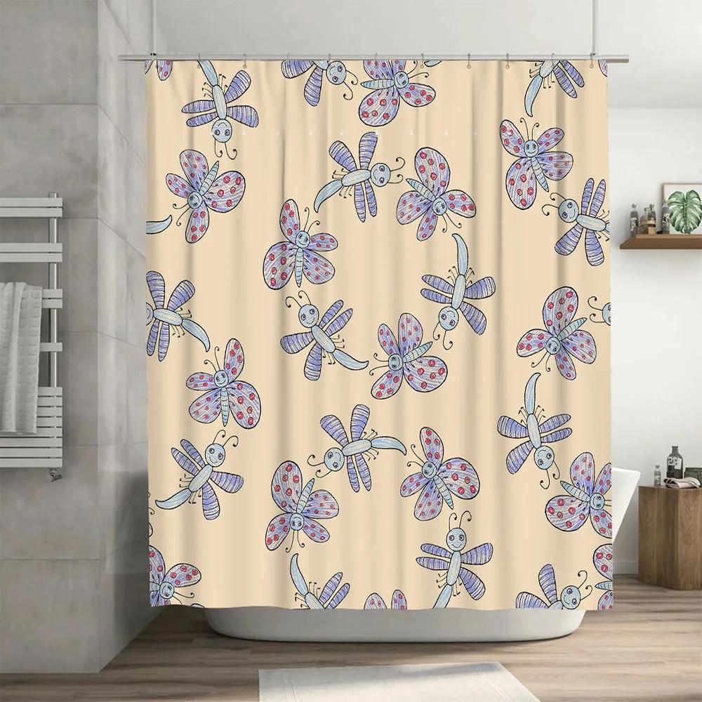 Cute Cartoon Insect Shower Curtain Waterproof Fabric Decor Bathroom Accessories Home Improvement Soft Faux Linen Modern Floral B