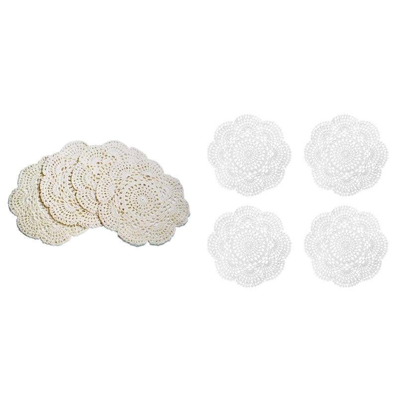 4Piece 8.6 Inch Doilies Crochet Round Lace Doily Handmade Placemats Cotton Crocheted Coasters (Beige)