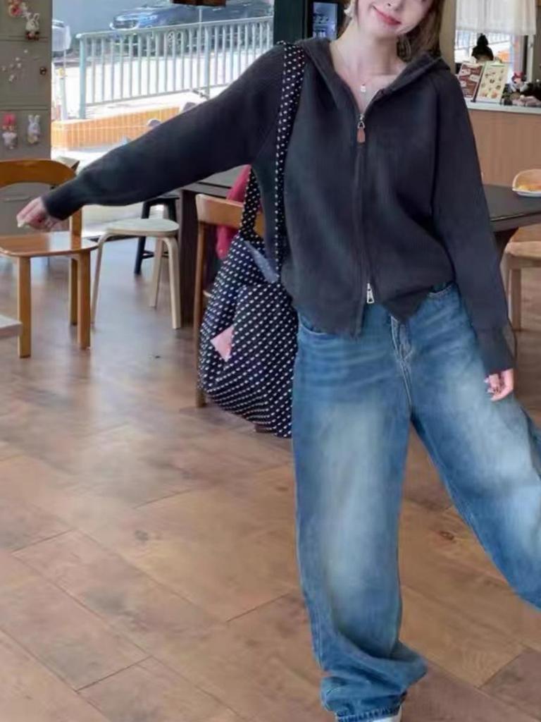 Women's Loose Fit Double Zipper Hooded Knit Cardigan - Cashmere Sweater for Autumn & Winter