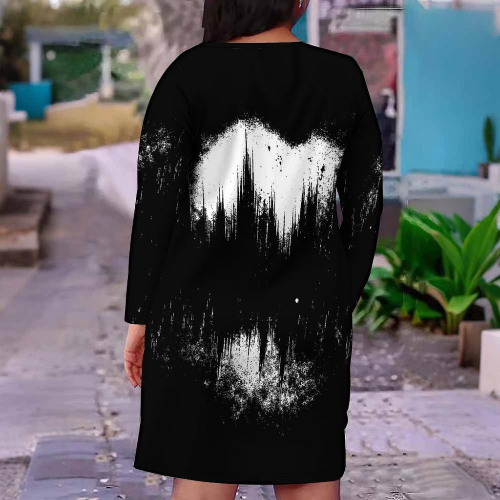 Women Plus Size V Neck Long Sleeve Black White Printed Fitted Straight Midi Dress