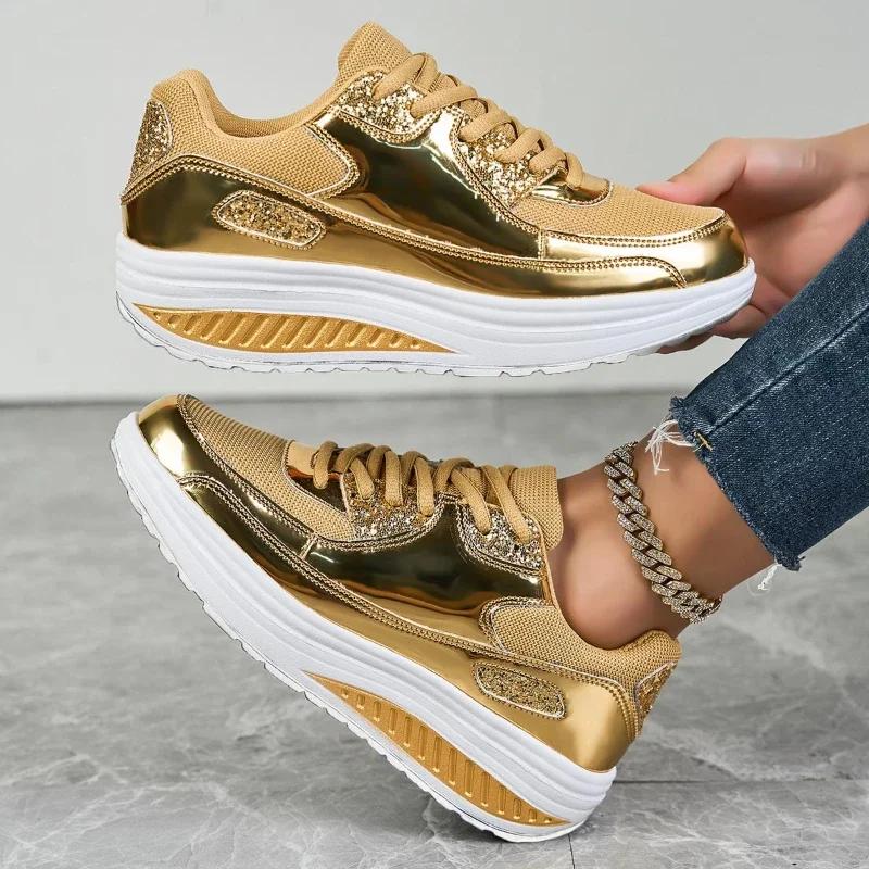

Сетчатые дышащие женские повседневные кроссовки на шнуровке из вулканизированной ткани женские кроссовки на платформе женская обувь 38 золотой