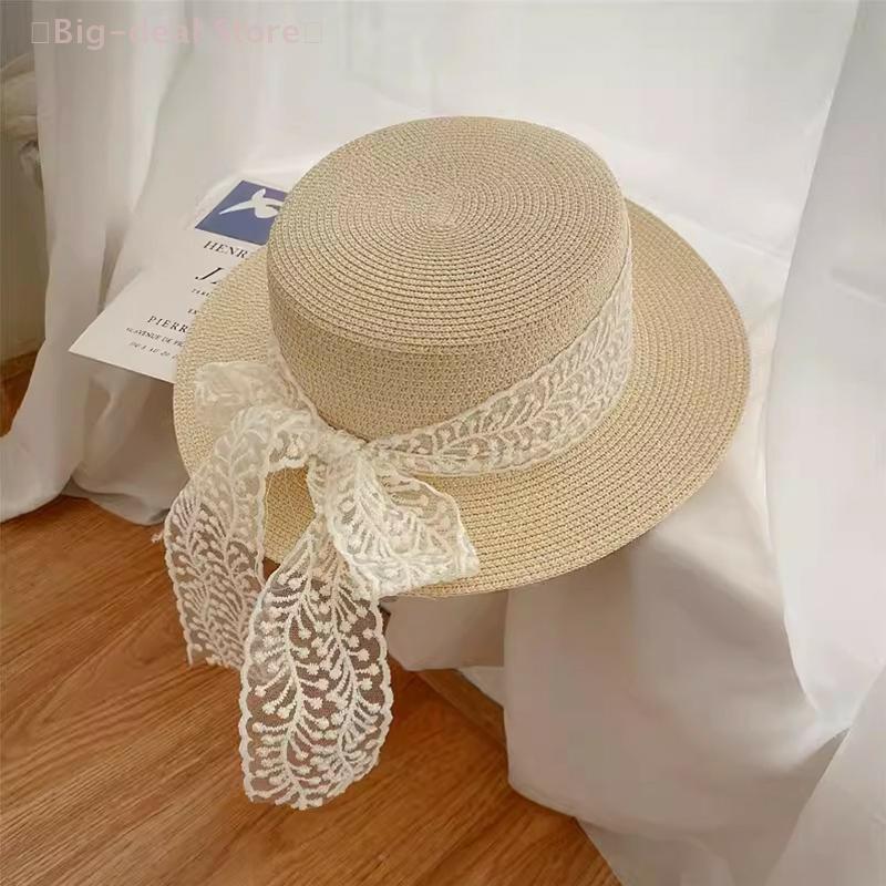 Women's Summer Beach Straw Hat, Lace Bow, Wide Brim Sun Protection, Travel Fashion Vacation Cap