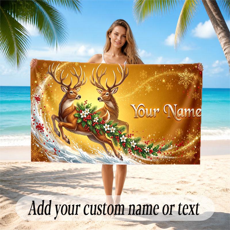 Christmas Winter Theme Soft Beach Towel Personalized Custom Name Text Towel Portable for Beach Pool Travel