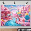 2D Plane Dreamy Candy Paradise Theme Background Fabric. In the Center of the Picture Is a Carousel with Pink and White S