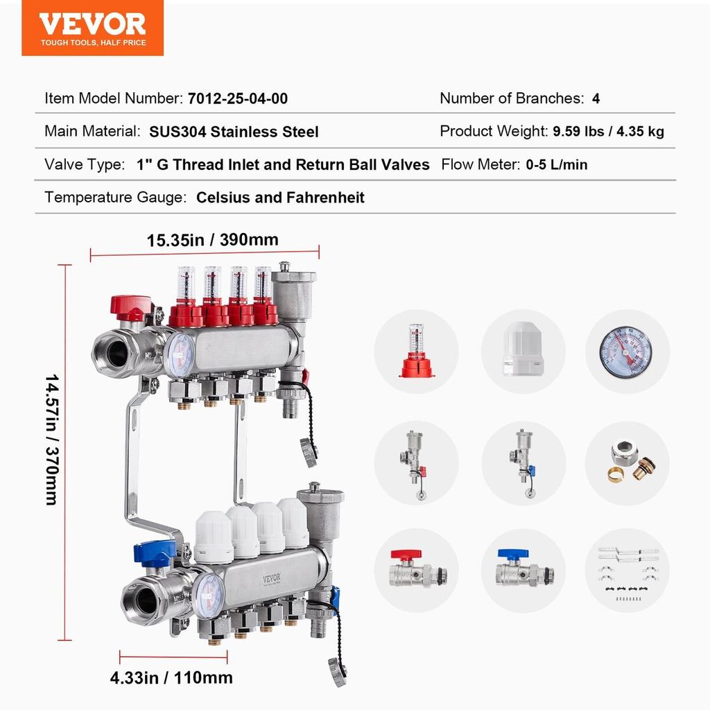 4-Strang Flächenheizungsverteiler 1/2" PEX-Rohr Fußbodenheizungsverteiler-Set