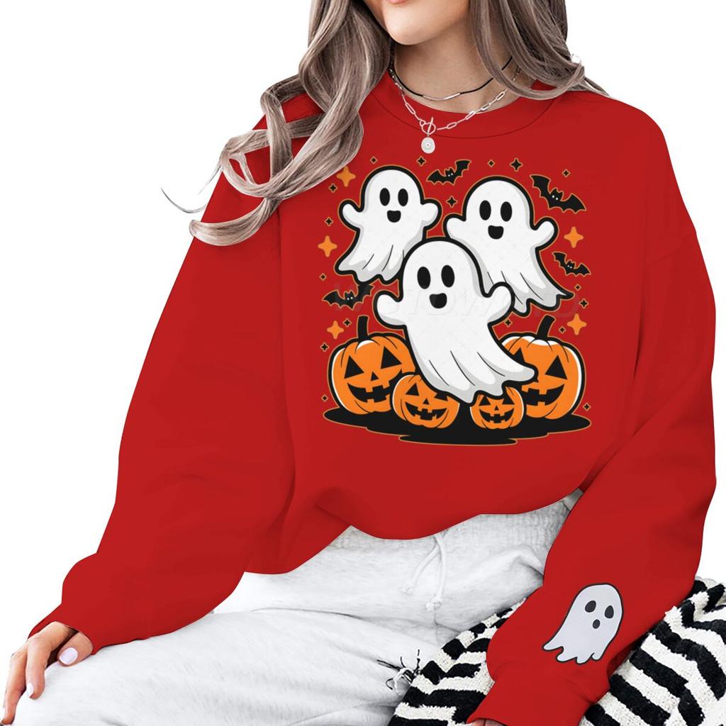 Halloween Cute Ghosts Pumpkin Print Sweatshirt Women Men Crew Neck Long Sleeve Pullover Cartoon Halloween Sweatshirts