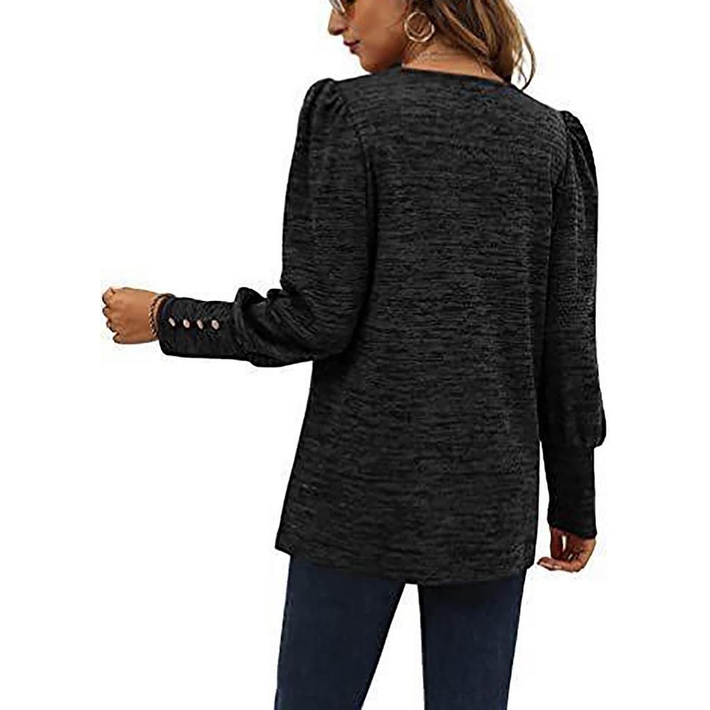 Women's Fashion Color Loose Casual Puffed Sleeves Round Neck Long Sleeve Tee Shirt Top