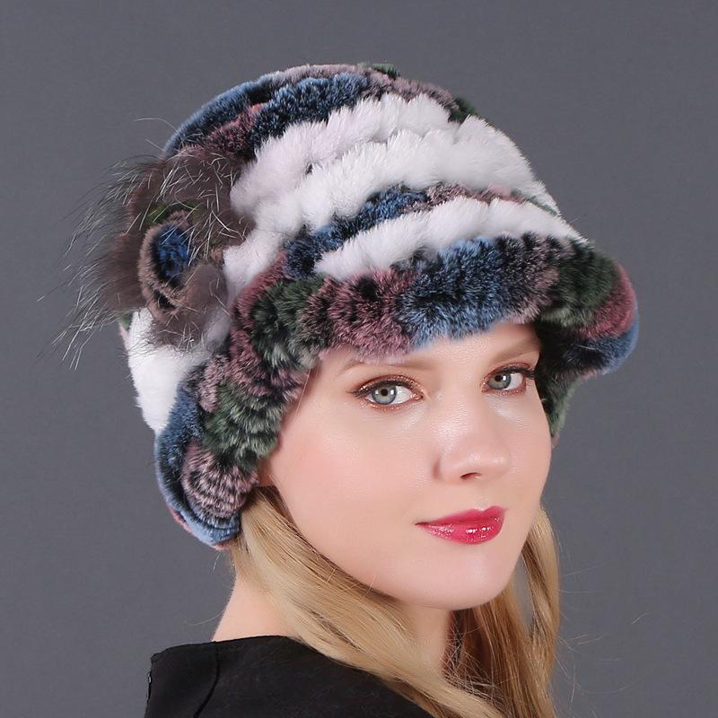 Wintermütze für Damen, warm, Rex-Kaninchenhaar, gestricktes Fell, Entenzungenmütze