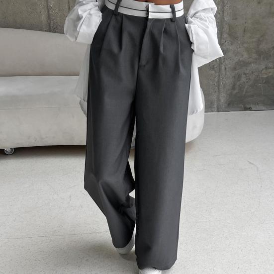 High Waist Button Zipper Fly Suit Pants Pockets Draped Full Length Office Lady Straight Wide Leg Trousers