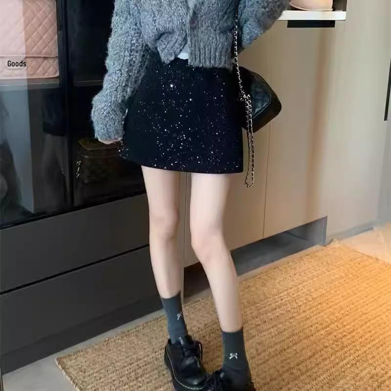 2025 Winter Women's High-End Retro A-Line Sparkly Woolen Short Skirt
