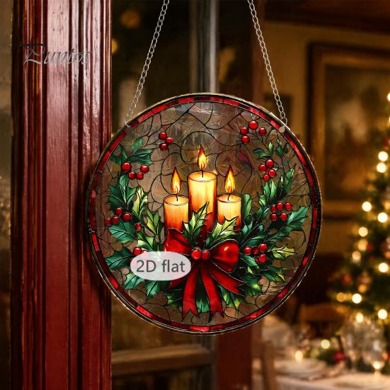 Holiday Hanging Art for Windows Christmas Acrylic Window Decor, 2D Holographic Stained Glass Double Sided Festive Ornament with Metal Chain,