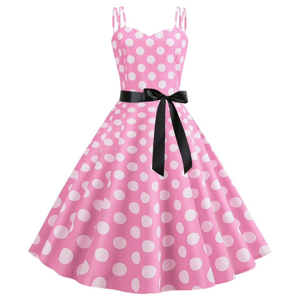 Women's Retro Dress With Double Suspenders And Polka Dot Printed Large Skirt