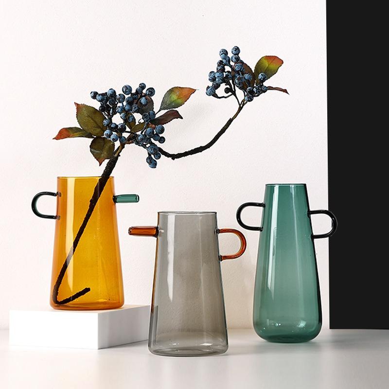 Glass Flower Vase Handle Pitcher Colored Transparent Flower Pot Flower Arrangement Hydroponics Terrarium Vases Pots Flowerpot