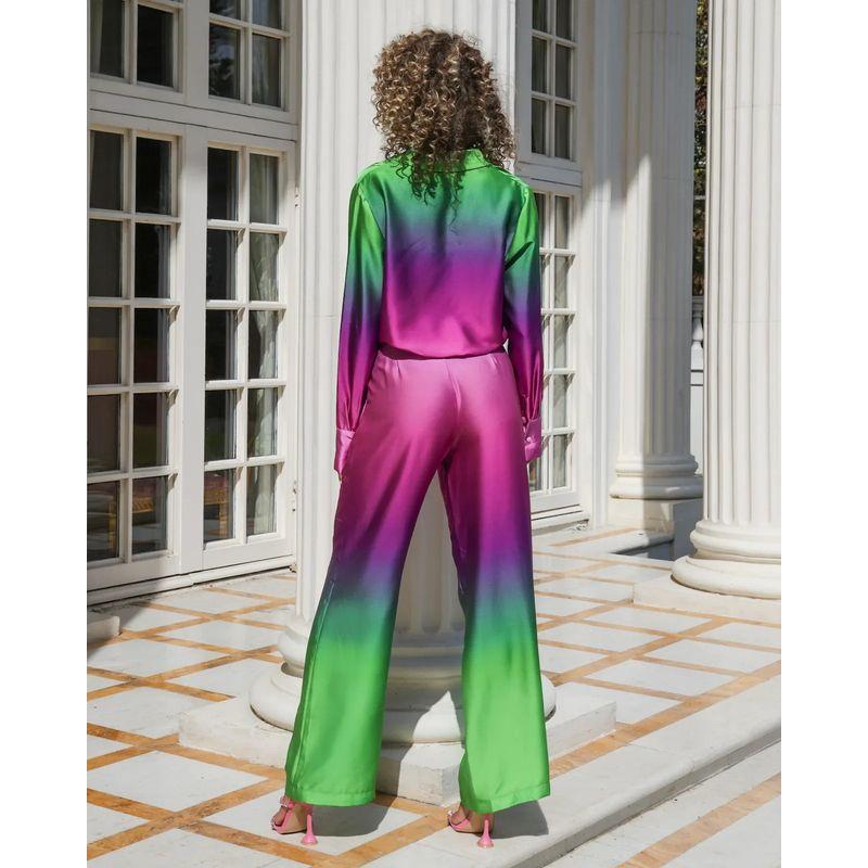 

Spring/Summer Long sleeve Shirts Wide Leg Pants Visual Cool Gradient Color Eye-Catching Women Fashion Set Fashion Suit Purple Gradient Green S