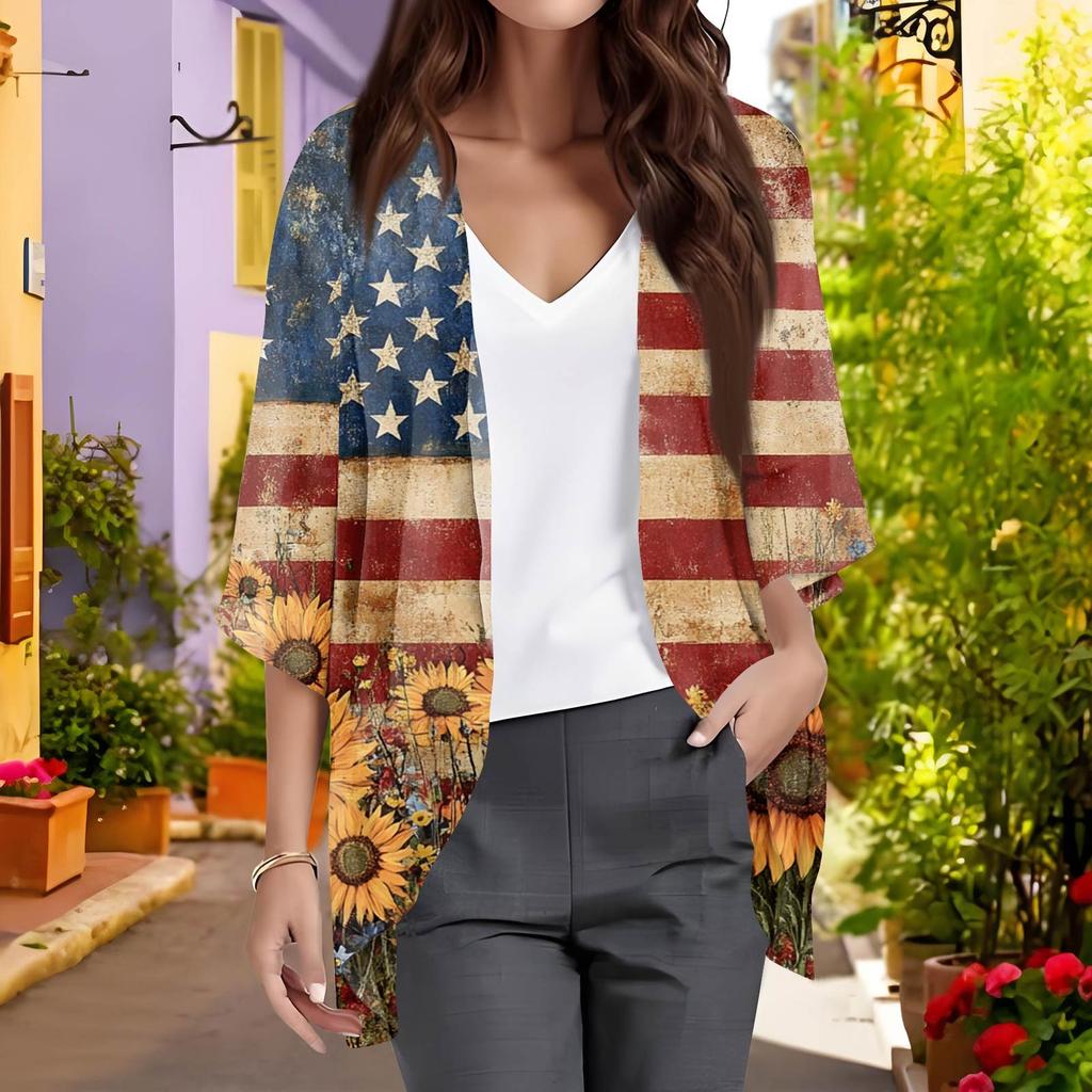 Ladies Fashion Loose Casual Print Beach Holiday   Sleeve Chiffon Cardigan