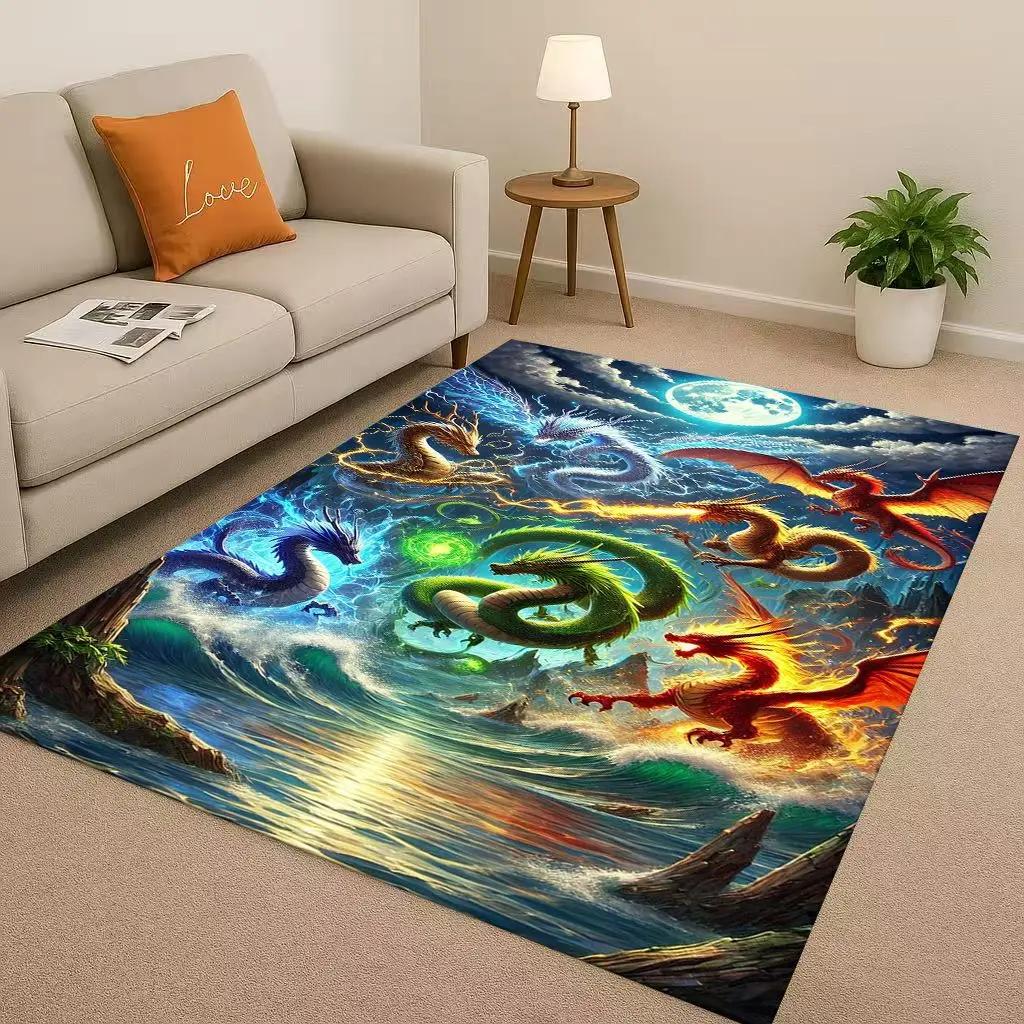 Cartoon Yin Yang Element Dragon Chinese Loong Living Room Non-Slip Area Rug Carpet for Bedroom Playroom Sofa,Home Decor Doormat
