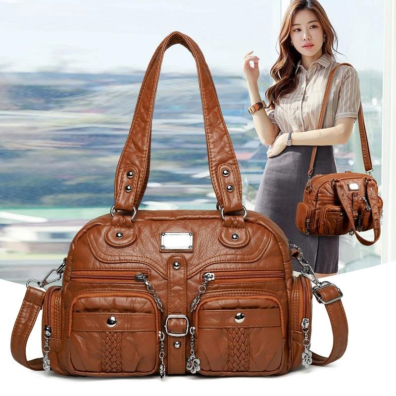 2025 New Women's Handbag Casual Commuter Multi Pocket Single Shoulder Middle aged Mom's Bag Soft Leather Versatile Crossbody Bag