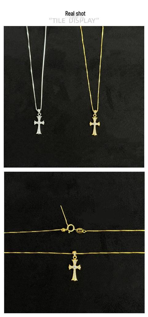 S925 Sterling Silver Zirconia Cross Pendant Necklace - Retro Fashion Style Clavicle Chain X110