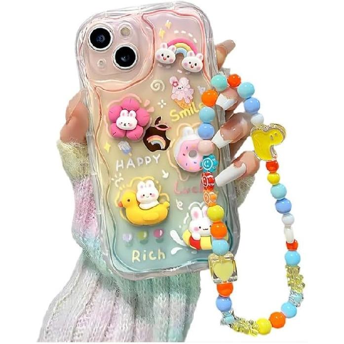 

Чехол для iPhone, Милый Радужный Кролик Утка Кавайный Мультяшный Животный Ремешок-Браслет Цепочка Мягкий Противоударный Чехол для Телефона (Розовый,iPhone iPhone 16 Pro Max розовый
