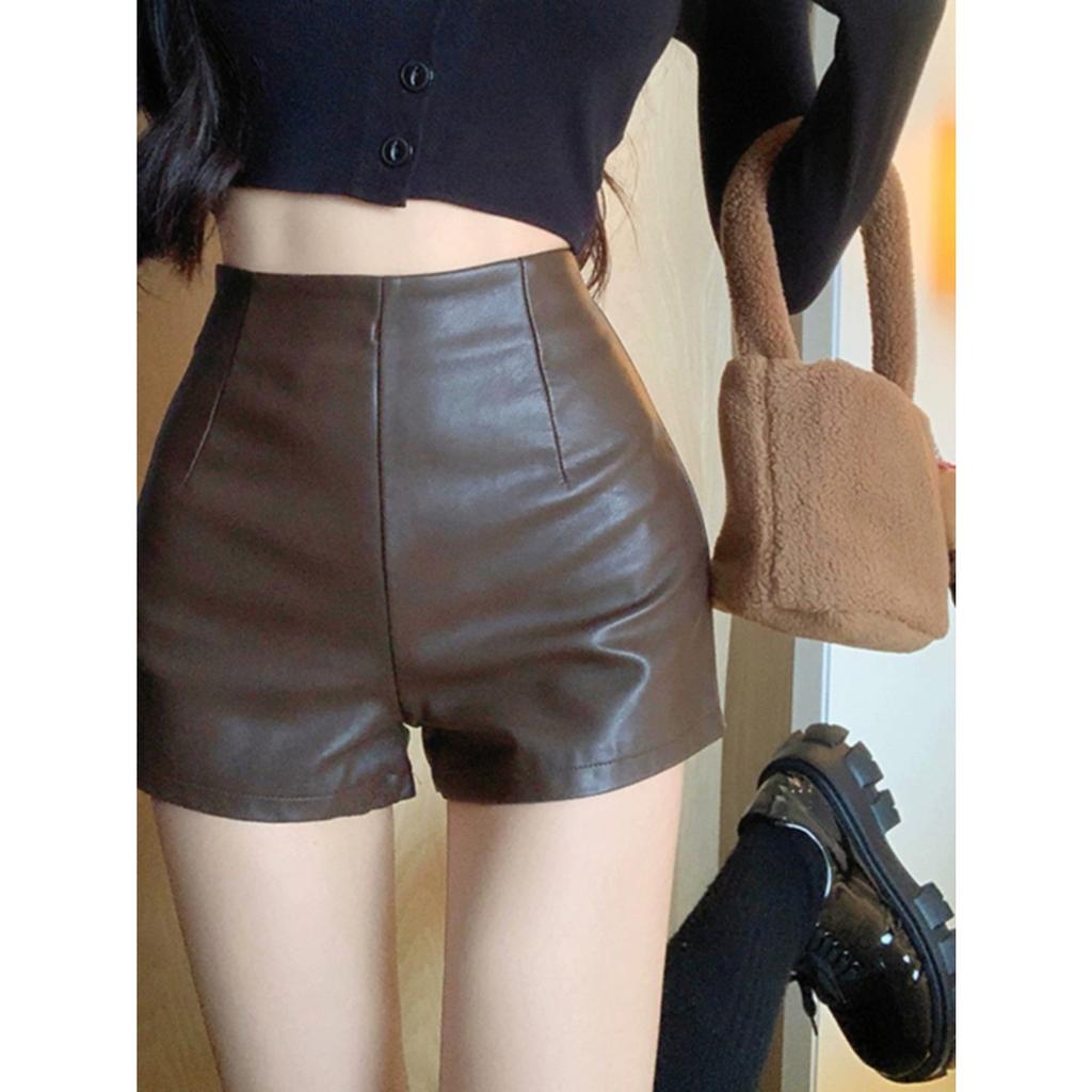 Damshorts med hög midja i konstläder Enfärgade Casual Cargo Hotpants Streetwear