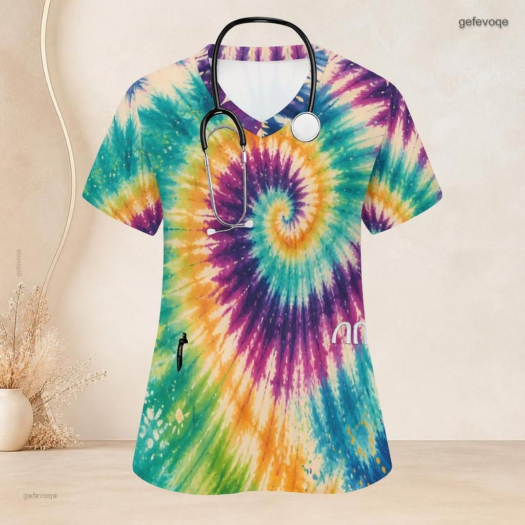 Women Plus Size Tie Dye Printed V Neck Short Sleeve Scrub Top With Front Pockets