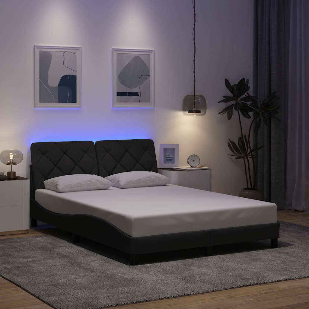 Bed Frame with LED Lights without Mattress Dark Grey 140 x 190 cm Fabric