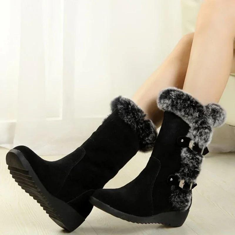 Fashion New Winter Women Boots Casual Warm Fur Mid-Calf Boots Shoes Women Slip-On Round Toe Wedges Snow Boots Shoes Muje Plus Size 42