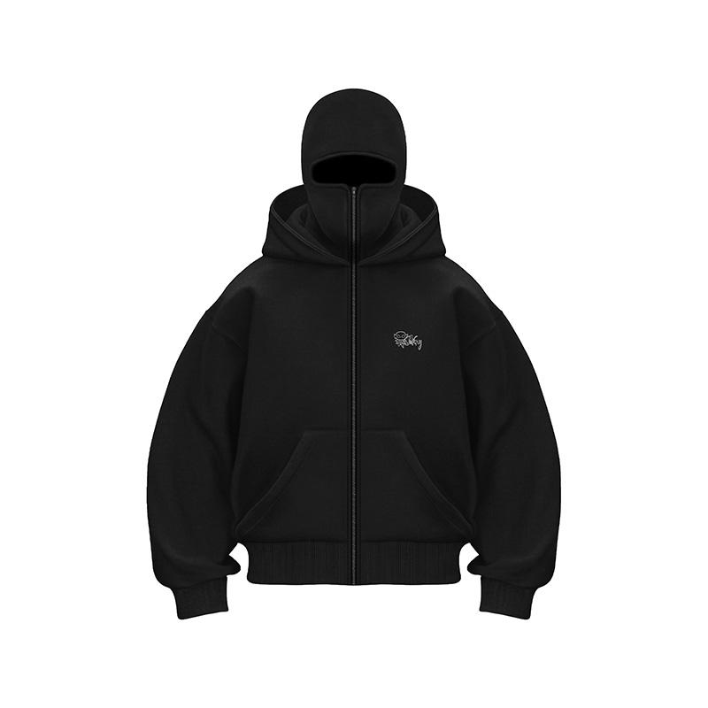 Y2K Goth Harajuku Men's Zippered Velvet Cardigan Masked Double Hat Hoodie Coat