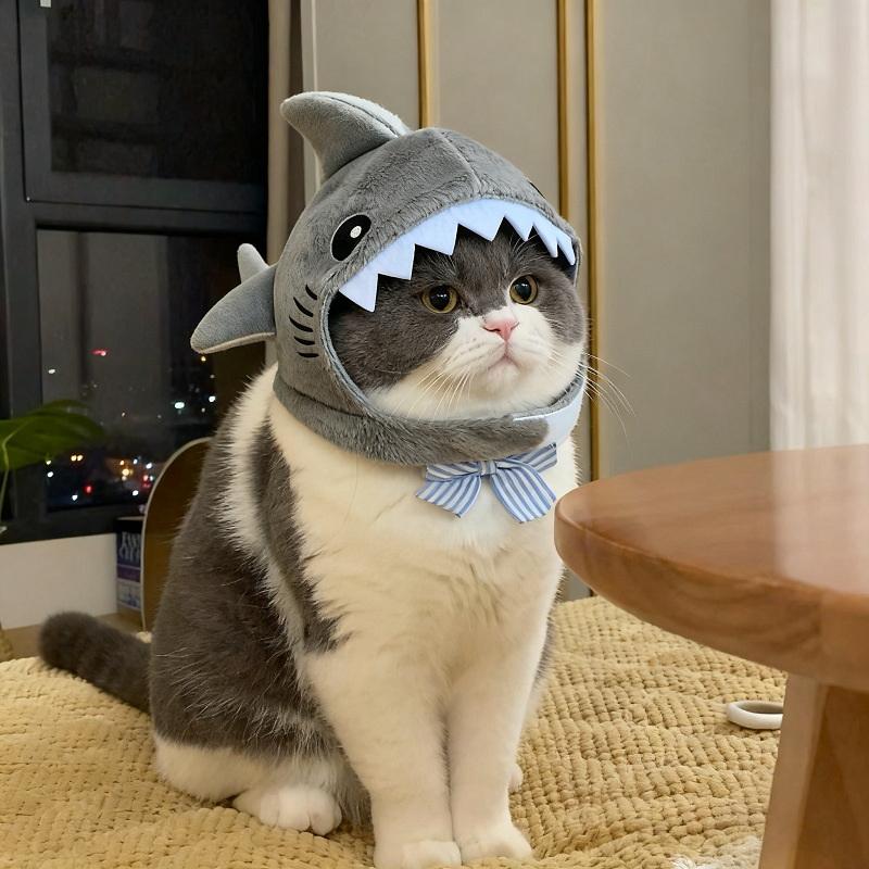 New Pet Cat Shark Headband, Winter Warm Plush Dog Hat, Cute Cartoon Headwear, Photography Props & Decorations