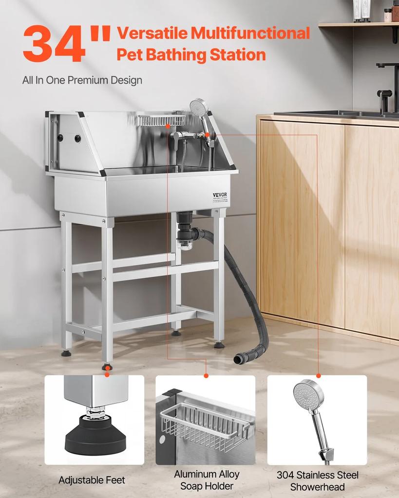VEVOR 86.4 Cm Stainless Steel Dog Washing Station, Pet Grooming Tub with Hot & Cold Faucet, Showerhead, Storage Rack, No-Bend All-in-One Bathtub