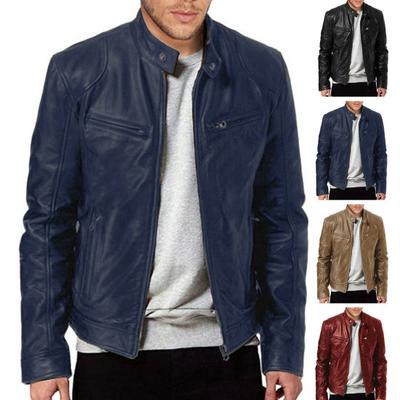 Men Motorcycle Coat Faux Leather Windproof Stand Collar Solid Color Zipper Pockets Smooth Plus Size Mid Length Men Fall Spring Jacket