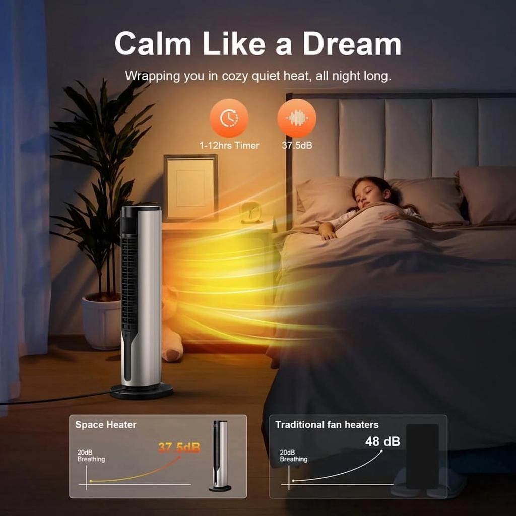 Space Heater, 1500W PTC Electric Heater With Thermostat, 70° Oscillation Timer for Indoor Bedroom