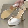 Mode Parel Peep Satin Teen Gesp Band Dames Sandalen Zomer Vierkante Hoge Hakken Banket Feest Schoenen