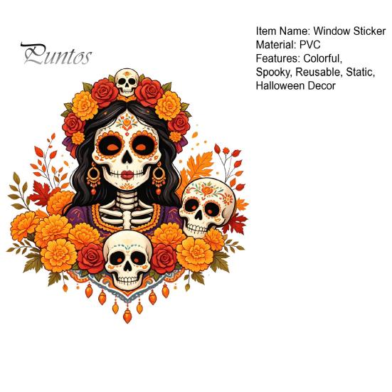 Festive Indoor Outdoor Window Art Day of The Dead Clings, Dia De Los Muertos Sticker, Colorful Decorative Film for Parties Sugar Skull with