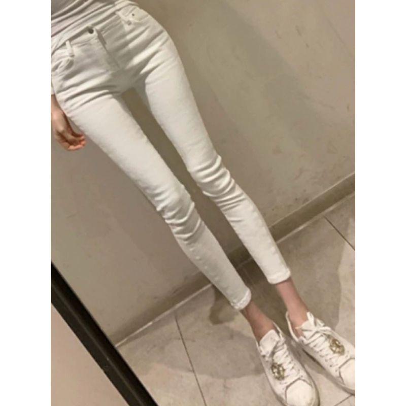 Fashion Basic Style Milky White High Waist Figure Flattering Hip-Lifting Easiest for Match Stretch Pencil Skinny Jeans Denim Nine Points Female