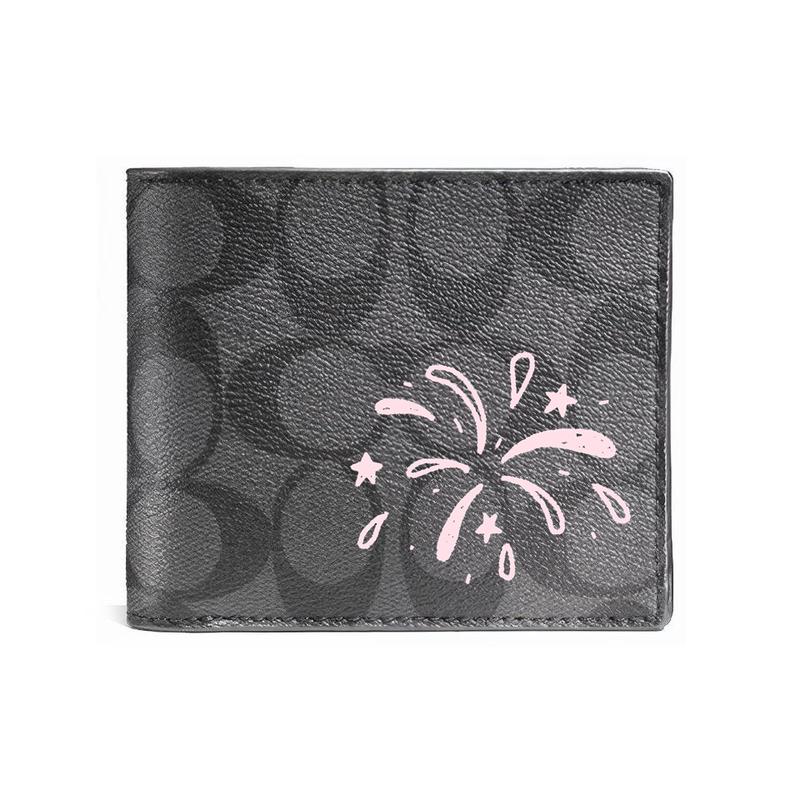 

COACH wallet [Customized bag] 3 IN 1 Hand-painted personalized graffiti Embossed printed short folding belt with detachable Black (Pink Fireworks) чорний
